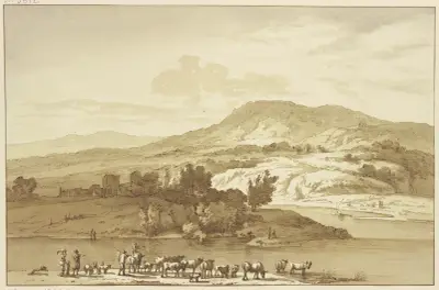 Fluß mit Herde, im Hintergrund Berge av Jan Hulswit