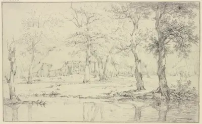 Landschaft, vorne Wasser, unter vielen Bäumen ein Haus mit Zaun av Jan Hulswit