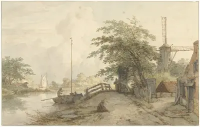Landschap met bruggetje en huis aan weg langs een water av Jan Hulswit