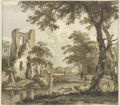 Links am Wasser eine Ruine, rechts ein Angler und zwei weitere Figuren av Jan Hulswit
