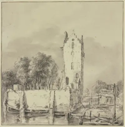 Turm bei einer Mauer, von Wasser umgeben av Jan Hulswit