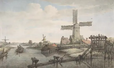 View of a Canal with Three Windmills av Jan Hulswit