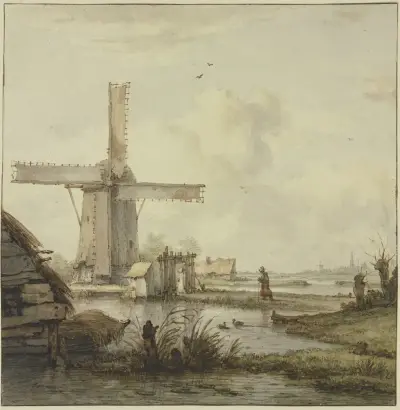 Windmühle vor einer Stadt mit hohem Turm, über einen abgegatterten Damm am Stock schreitend eine Frau av Jan Hulswit
