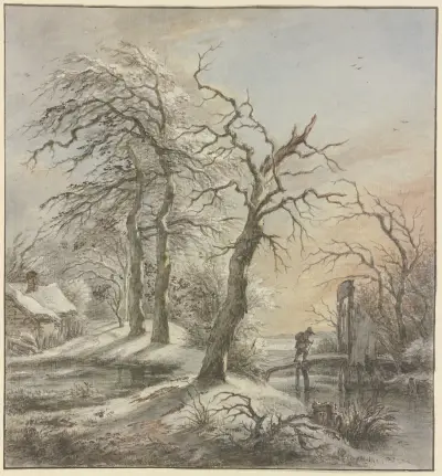 Winterlandschaft, ein Wanderer überquert auf einem Steg einen Bach av Jan Hulswit