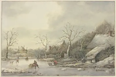 Winterlandschaft mit Schlittschuhläufern auf einem Kanal av Jan Hulswit