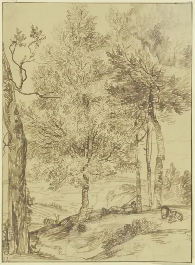 Ein Schäfer auf einem Hügel unter Bäumen liegend av Jan Lievens