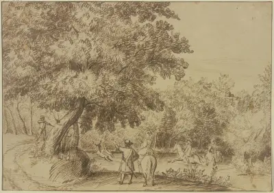 Waldpartie, zwei Reiter sprengen einen Hirsch durchs Wasser, eine Dame zu Pferde sieht zu av Jan Lievens