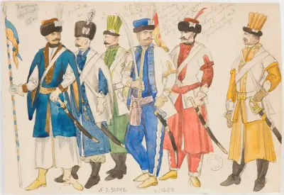 Kostymstudie – Rad av manliga figurer i militära dräkter av Jan Matejko