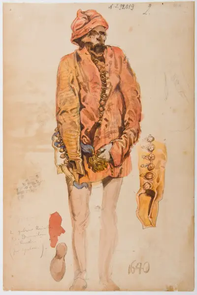 Studia kostiumowe z XVII w. – Zwłoki mężczyzny w czerwonym żupanie; szkice rękawa i trzewika von Jan Matejko