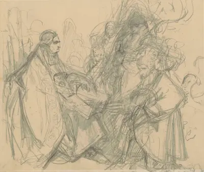 Studie av Zygmunt den gamles och Georg Hohenzollerns grupp för målningen 'Preussiska hyllningen' av Jan Matejko