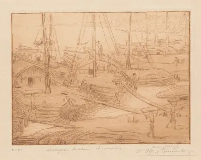 Afgemeerde schepen aan de oever van de Ganges in Benares Schepen lossen von Wijnand Otto Jan Nieuwenkamp