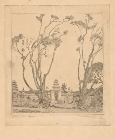 Innenhof mit zwei Waringinbäumen bei Yogyakarta auf Java von Wijnand Otto Jan Nieuwenkamp