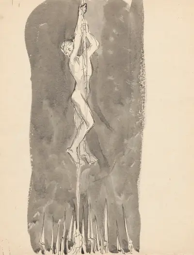 Naked man climbing a rope av Jan Rembowski