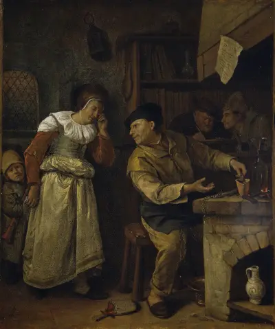 En guldsmed smälter ner en kvinnas smycken inför en notarie, 'Alkemisten' av Jan Steen