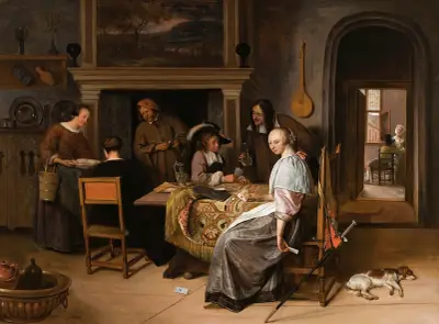 Ett elegant sällskap i en interiör med figurer som spelar kort vid ett bord av Jan Steen