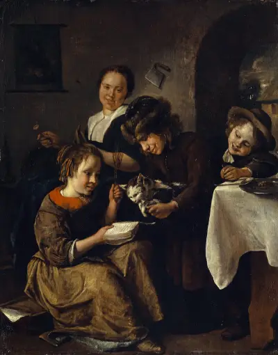 Děti učí kočku číst, Jan Steen
