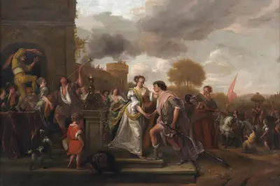 David återvänder segerrik efter att ha besegrat Goljat och filistéerna av Jan Steen