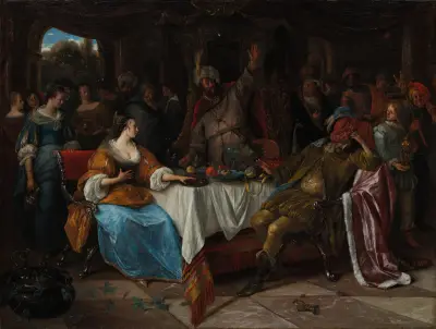 Esther, Ahasuerus, and Haman av Jan Steen