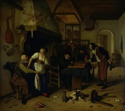 Interiör av ett värdshus med en gubbe som roar sig med värdshusvärdinnan och två män som spelar backgammon, känd som 'Två slags spel' av Jan Steen