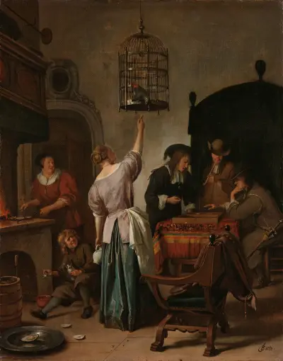 Interiör med en kvinna som matar en papegoja, känd som 'Papegojburen' av Jan Steen