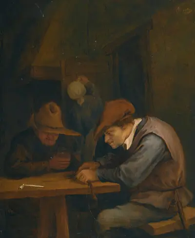 Bönder som dricker och skär tobak i en krog av Jan Steen