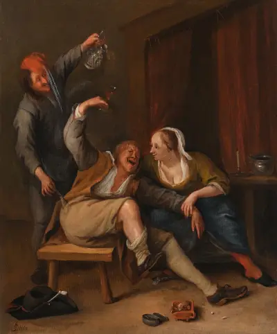 Självporträtt av konstnären som fyllbult, bestulen på sin börs i ett bordell av Jan Steen
