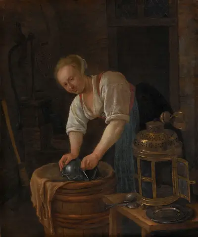 Kvinna skurar metallkärl av Jan Steen