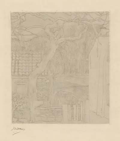 Boom bij twee huizen aan een bosrand, Jan Toorop