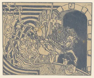 Katalogomslag med riddare till häst av Jan Toorop