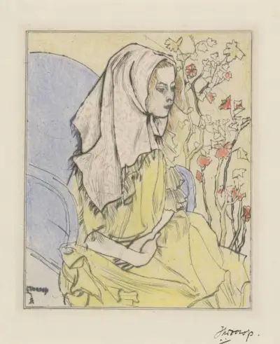 Charley Toorop med huvudduk i en fåtölj av Jan Toorop
