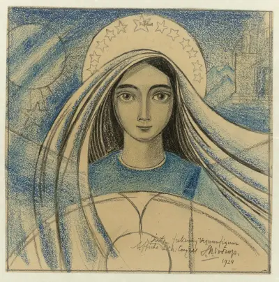 Detailontwerp van een vrouwenhoofd voor een affiche voor het Internationaal Eucharistisch Congres gehouden te Amsterdam van 22-27 juli 1924 av Jan Toorop