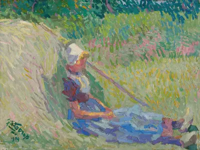 Flicka vilande mot en höstack av Jan Toorop