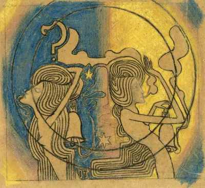 Två stiliserade kvinnofigurer med klocka i handen av Jan Toorop
