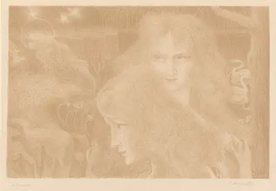 Två unga kvinnor, svanar och en sående gammal man av Jan Toorop