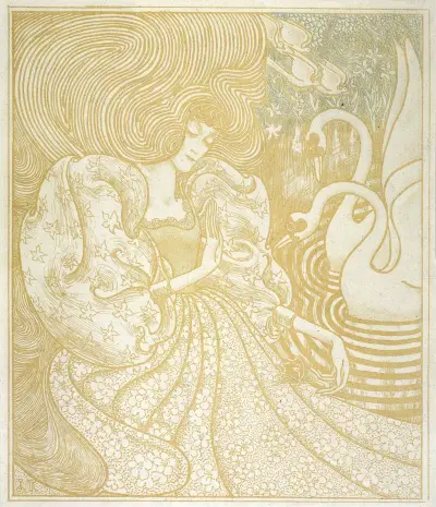 Kvinna med fjäril vid en damm med två svanar av Jan Toorop