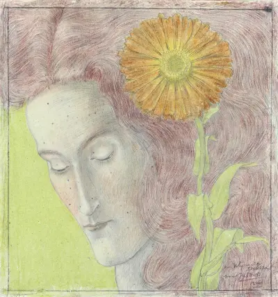Kvinnohuvud med rödblont hår och krysantemum av Jan Toorop
