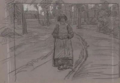 Bondkvinna på en stig i en trädrik omgivning av Jan Veth