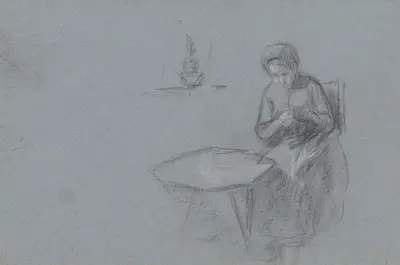 Handarbetande kvinna vid ett bord av Jan Veth