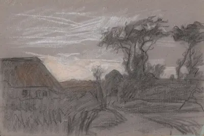 Landskap med träd och en stig längs ett hus av Jan Veth