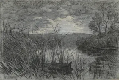Landschap met een roeiboot tussen het riet van een rivier von Jan Veth