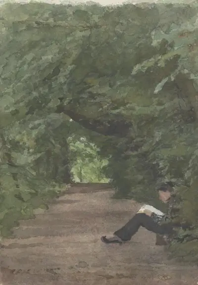 Läsande man i trädallé av Jan Veth