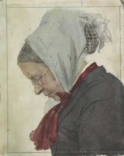 Oude vrouw met hoofddoek en rode sjaal von Jan Veth