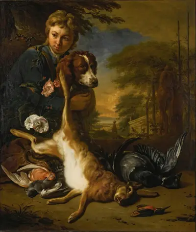 A Boy And A Dog With A Still Life Of Game, In A Park Landscape av Jan Weenix