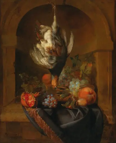 En rapphöna och frukt i en delvis draperad nisch av Jan Weenix