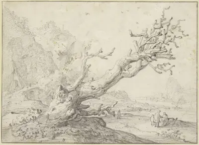 Alter dürrer Baum querüber nach rechts hängend, im Hintergrund eine Flußgegend mit mehreren Figuren av Jan Weenix