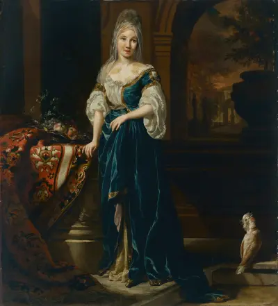 Porträtt av en elegant klädd ung kvinna i interiör av Jan Weenix