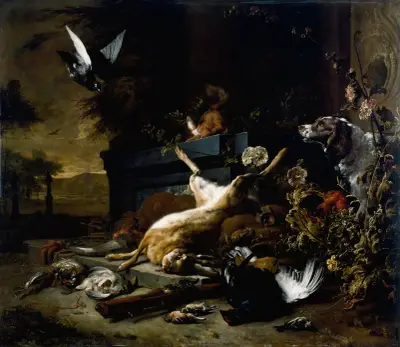 Stilleben med jaktbyte, hare, orre och rapphöna, en spaniel och en flygande duva av Jan Weenix