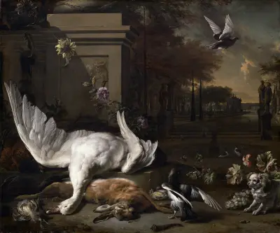 Stilleben med svan och vilt framför en lantegendom av Jan Weenix
