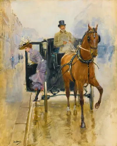 Ung kvinna stiger ner från en fiaker av Jean Béraud