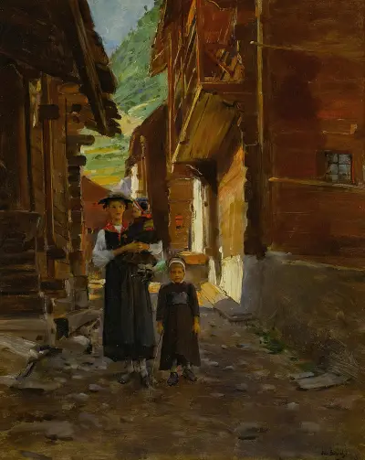 Ung kvinna och barn i bergslandskap av Jean Béraud